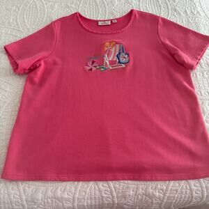 Quacker Factory Womens Top Pink Size XL Round Neck Embroidered Beach Chair